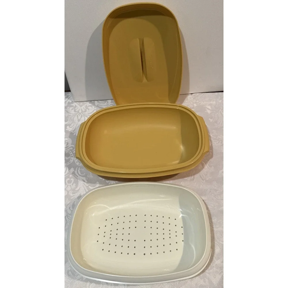 Vintage Tupperware Harvest Gold 3‎ Piece Vegetable/Rice Steamer Strainer Gold